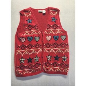 Capacity Woman‎ Red Knit Sweater Vest Hearts Stars Americana Plus Size 2X 2XL
